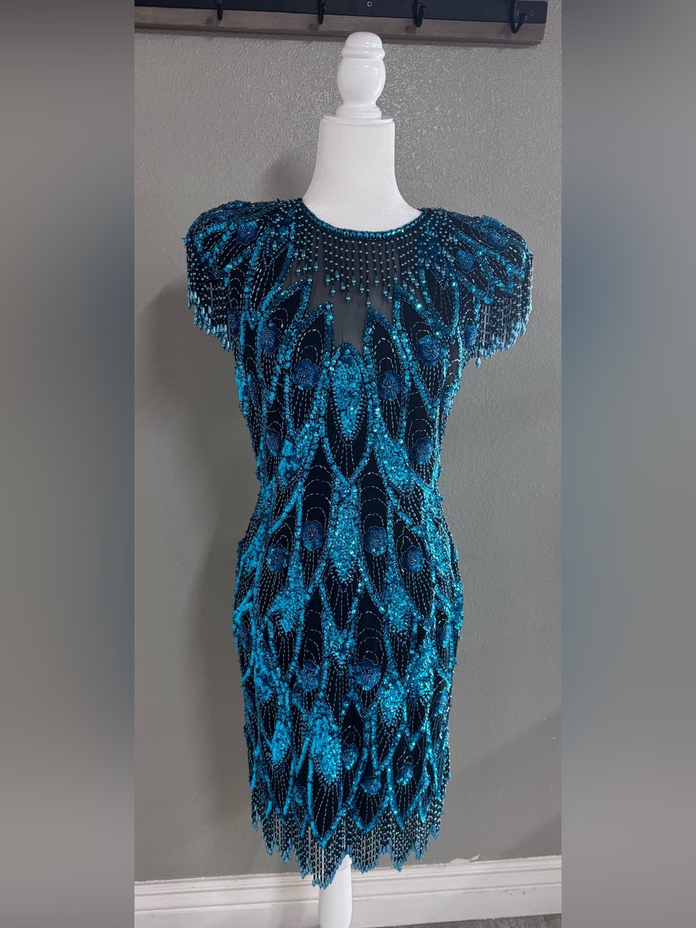 Lillie Rubin Teal Sequin Beaded Evening Dress